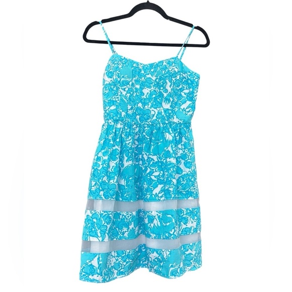 Lilly Pulitzer Ollie Fit and Flare Dress in Shorely Blue Sheer Panels Size 0 - Picture 3 of 6